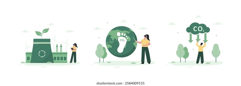 Sustainable and ecology. Green factory and Alternative energy. Net zero. Low Carbon. Circular economy. Vector illustration in flat cartoon style.