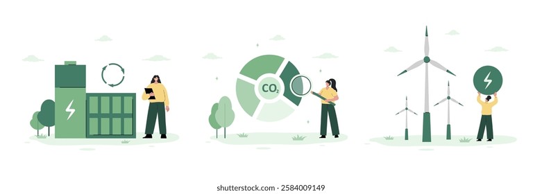 Sustainable and ecology illustration set. Wind electricity generators. Eco power station. Factory generating electricity for industry. Vector in flat cartoon style.