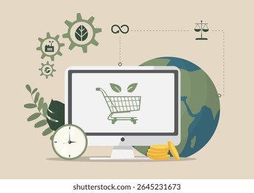 Sustainable E-commerce Global Shopping Technology Concept. Eco-friendly shopping cart with earth globe, gears, clock, and balance scale. Sustainable online commerce solutions. Vector illustration