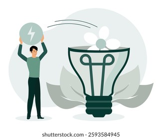 Sustainable economic growth. Man holding a renewable energy symbol near a light bulb with leaves, portraying sustainable and ecological practices. Flat vector modern illustration 