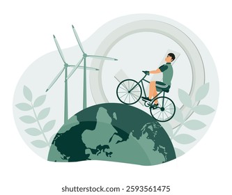 Sustainable economic growth with renewable energy and natural resources. person Cycling on Green Earth With Wind Turbines and Environmental. Flat vector modern illustration 