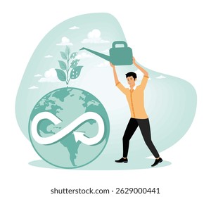 Sustainable economic growth strategy concept. Emphasizing environmental protection with a globe, infinity symbol, and person nurturing plant growth, representing sustainability and ecological balance.