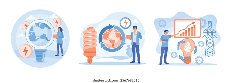 Sustainable economic growth strategy. Man analyzes green energy. Alternative electricity source from nature. Circular economy concept. Flat vector illustration.