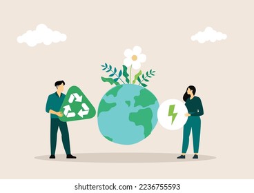 Estrategia de crecimiento económico sustentable, reestimula la reutilización y reduce el impacto climático de las emisiones de CO2. ESG, industria de energía verde. Ilustración vectorial. Protección del medio ambiente.