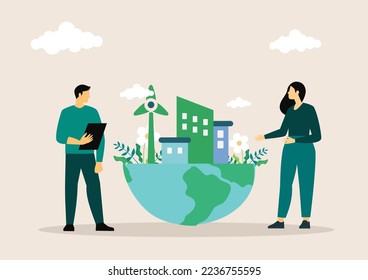 Sustainable economic growth strategy, recourses reuse reduce co2 emission climate impact. ESG, green energy industry. Vector illustration. Environmental protection.