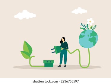 Sustainable economic growth strategy, recourses reuse reduce co2 emission climate impact. ESG, green energy industry. Vector illustration. Environmental protection.