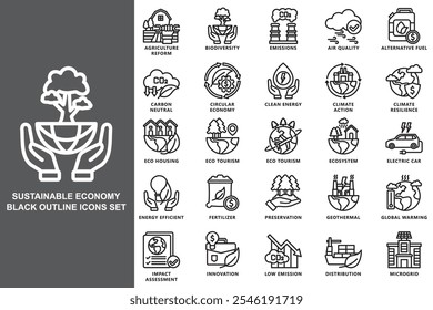 Sustainable economy black outline icons set. contain carbon, green energy, eco, energy, efficiency, emission and more. use for modern concept, print, UI, UX kit, web and app development. Vector EPS 10