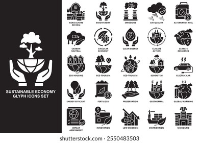 Sustainable economy black outline icons set. contain carbon, green energy, eco, energy, efficiency, emission and more. use for modern concept, print, UI, UX kit, web and app development. Vector EPS 10