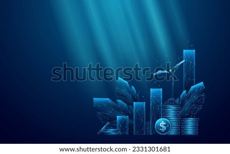 Sustainable Economy Concept. Dollar Coins, Plants, and Growth Chart in Blue on Technological Background. Abstract Finance and Environment Banner. Digital Low Poly Wireframe Vector Illustration.
