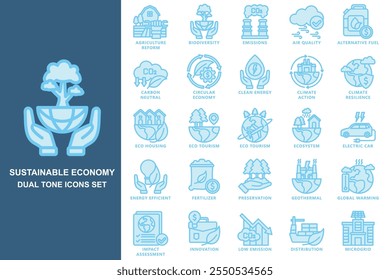 Sustainable economy dual tone icons set. contain carbon, green energy, eco, energy, efficiency, emission and more. use for modern concept, print, UI, UX kit, web and app development. Vector EPS 10