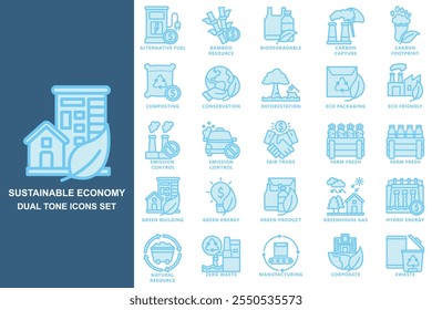 Sustainable economy dual tone icons set. contain carbon, green energy, eco, energy, efficiency, emission and more. use for modern concept, print, UI, UX kit, web and app development. Vector EPS 10