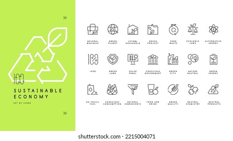 Sustainable economy and ecologic awareness. Conscious lifestyle. Set of modern line art icons. Vector file.