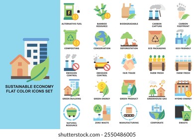 Economia sustentável conjunto de ícones de cores planas. contém carbono, energia verde, eco, energia, eficiência, emissão e muito mais. use para conceito moderno, impressão, UI, kit UX, web e desenvolvimento de aplicativos. Vetor EPS 10