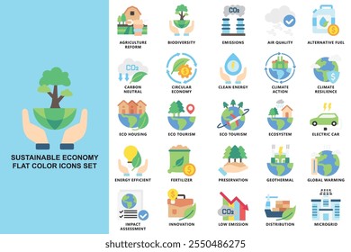 Economia sustentável conjunto de ícones de cores planas. contém carbono, energia verde, eco, energia, eficiência, emissão e muito mais. use para conceito moderno, impressão, UI, kit UX, web e desenvolvimento de aplicativos. Vetor EPS 10