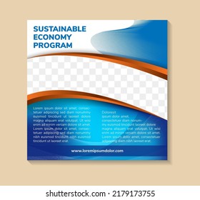 Sustainable economy program design banner for social media post template. Dot halftone and line pattern elements. Space for photo and text. Square layout with combination white and blue colors. 