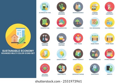 Sustainable economy rounded multi color icons set. contain carbon, green energy, eco, energy, efficiency and more. use for modern concept, print, UI, UX kit, web and app development. Vector EPS 10