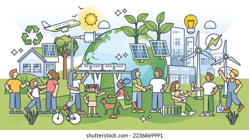 Nachhaltige Ökosystemgemeinde, die in einem städtischen Umriss mit grüner Stadtplanung lebt. Naturfreundlicher Transport als intelligente Infrastruktur mit erneuerbarer Energie, Vektorgrafik. Soziales Leben im Umweltbereich