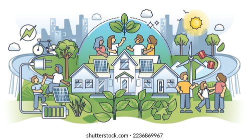 Sustainable ecosystem community and self sufficient living outline concept. Urban city with smart house residential area and green energy consumption as nature friendly solution vector illustration.