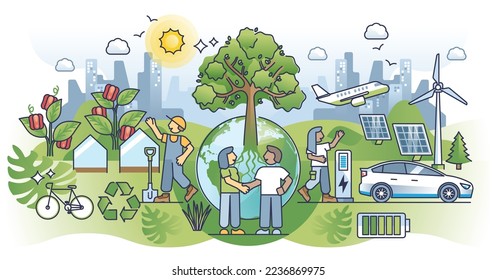 Sustainable ecosystem community with self sufficient society outline concept. Urban city with green parks and private garden for clean food growing vector illustration. Nature friendly lifestyle.