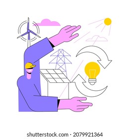 Sustainable energy abstract concept vector illustration. Future oriented, smart clean green energy, eco system, light bulb, renewable sources, wind turbine, solar panels abstract metaphor.