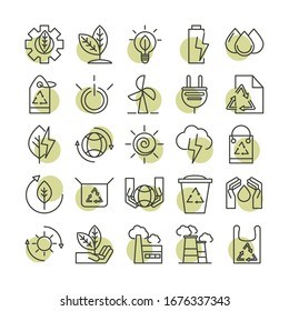 sustainable energy alternative renewable ecology icons set vector illustration line style icon