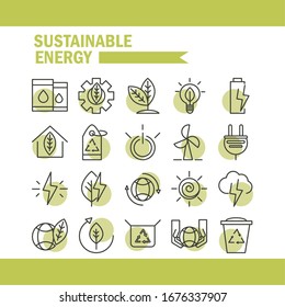 sustainable energy alternative renewable ecology icons set vector illustration line style icon