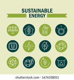 sustainable energy alternative renewable ecology icons set vector illustration block line style icon
