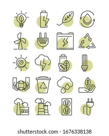 sustainable energy alternative renewable ecology icons set vector illustration line style icon