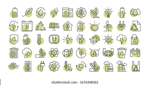 sustainable energy alternative renewable ecology icons set vector illustration line style icon