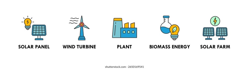 Sustainable Energy banner web icon illustration concept with icon of solar panel, wind turbine, plant, biomass energy, and solar farm