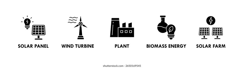 Sustainable Energy banner web icon illustration concept with icon of solar panel, wind turbine, plant, biomass energy, and solar farm