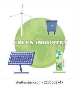 Sustainable energy concept. ESG. Solar panels, windmills, waste sorting. Green energy. Environmental, Social, and Corporate Governance illustration. Eco-friendly. Flat vector illustration.