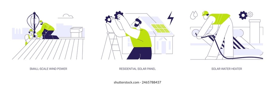 Energía sostenible en la construcción abstracta concepto conjunto de Ilustración vectorial. Energía eólica a Pequeña escala, instalación de paneles solares residenciales, calentador de agua solar, metáfora abstracta de edificio ecológico.