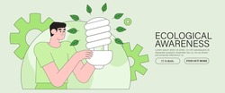 Sustainable Energy and Its Consumption Reduction at Home, Electricity and Power Save Concept Banner. Man in Arms hold Energy Saving or Cfl Led Light Bulb Flat Vector Illustration on Earth Background.