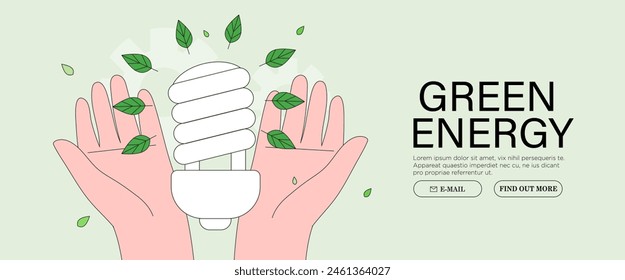 Sustainable Energy and Its Consumption Reduction at Home, Electricity and Power Save Concept Banner. Hands or Arms hold Energy Saving or Cfl Led Light Bulb Flat Vector Illustration.