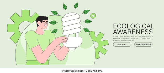 Guardar Anuncio La energía sostenible y su reducción del consumo en el hogar, la electricidad y la energía El hombre en brazos sostiene el ahorro de energía o la Ilustración vectorial plana de la bombilla led del Cfl en el fondo de la tierra.