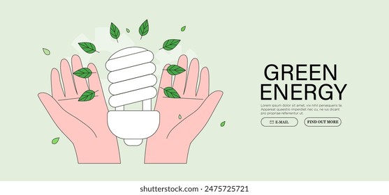 Speichern Nachhaltige Energie und ihre Verbrauchsreduktion zu Hause, Strom und Strom Concept Banner. Hände oder Arme halten energiesparende oder CFL LED Glühbirne flache Vektorillustration.