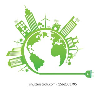 Desarrollo de energía sostenible, medio ambiente y ecología de fondo blanco. Desenchufando para ahorrar energía. Grupo de edificios verdes en la tierra. Ilustración vectorial en diseño plano.