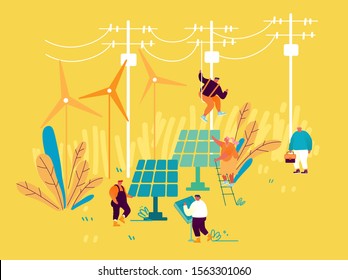 Sustainable Energy Development, Environmental and Ecology Protection Concept. New Technologies Integration into Human Life. Solar Panels and Windmills for Green Energy Cartoon Flat Vector Illustration