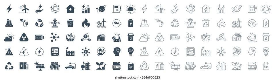 Sustainable Energy and Ecology Vector Icons Set - Renewable Power, Sustainable Solutions, Green Technology, and Environmental Vector Symbols in Line and Solid Illustration