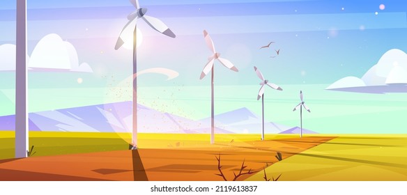Sustainable energy farm with wind turbines on green field. Vector cartoon illustration of alternative power generation with summer landscape with windmills and mountains