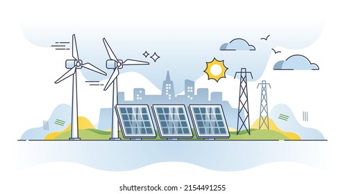 Sustainable energy generation with solar or wind sources outline diagram. Turbines or sun panels usage for environmental and ecological power production vector illustration. City electricity supply.