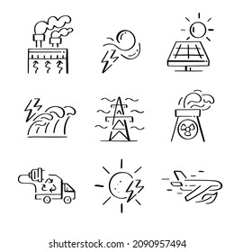 Sustainable Energy Generation And Usage. Alternative Power Sources. Nuclear, Green Fuel And Eco Aviation. Doodle Icons