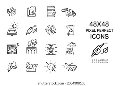 Sustainable energy generation and usage. Recycling and alternative power sources. Pixel perfect, editable stroke icons set