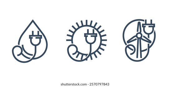 Sustainable energy generation - wind turbine, solar panel, hydroelectric station. Flat icons set in bold line.