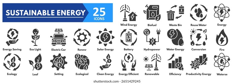 Conjunto de ícones de Energia Sustentável. com ícones de vento, biocombustível, lixeira, reutilizar água, energia, economia, luz ecológica, carro elétrico, renovar, solo, bateria, energia hidrelétrica, energia hídrica