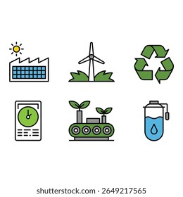 Sustainable Energy Icons Eco Friendly Factory Wind Turbine Recycling Symbol Green Technology and Water Conservation Illustrations