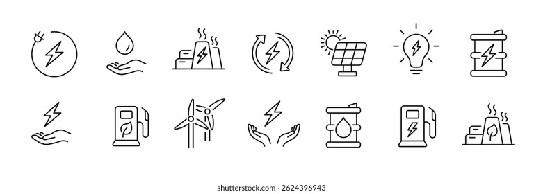 Sustainable energy icons set: line style for renewable and clean power solutions