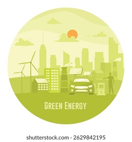 Sustainable energy, including solar panels, wind turbines, and electric technologies, representing clean energy for a greener and more environmentally conscious world. Renewable Energy Concept.