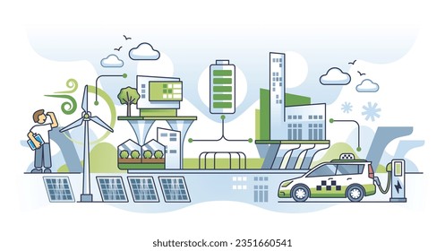 Infraestructura de energía sostenible con energía verde para el concepto de esquema de ciudad. Barrio urbano con producción de electricidad ambiental utilizando recursos de transporte reciclables ilustración vectorial